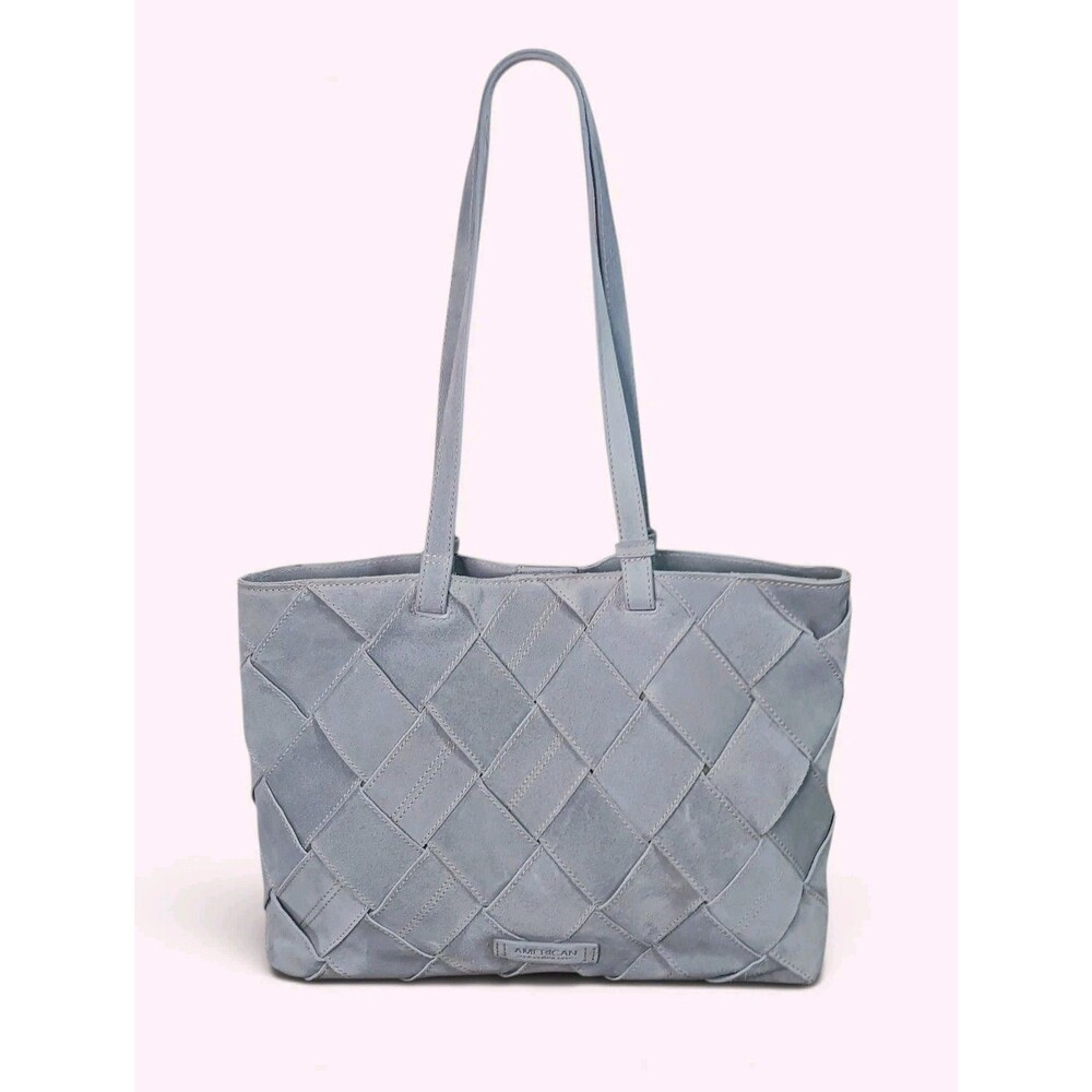 American Leather Company Mercer Suede Woven Tote Bag Dusty Blue Gray Purse
